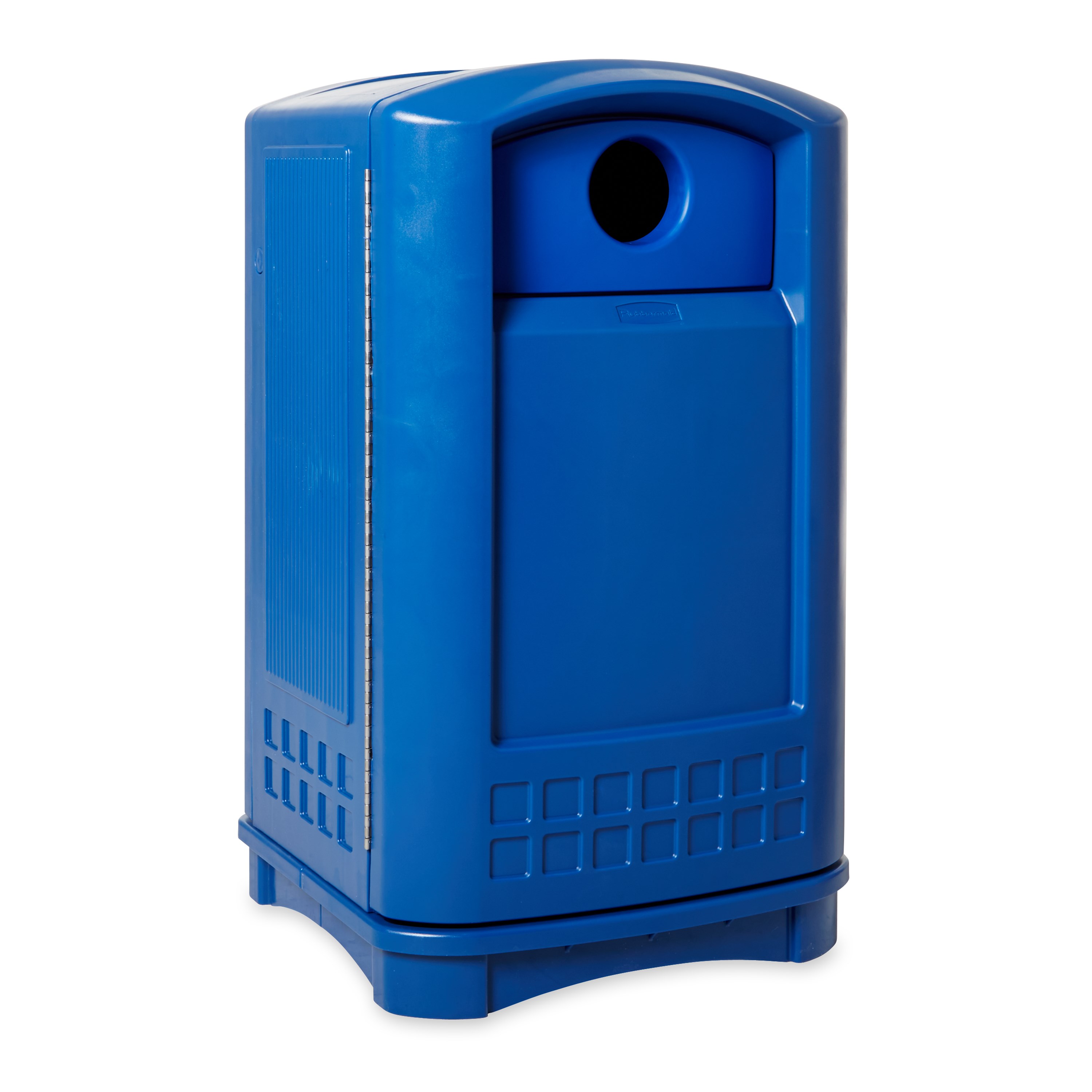 The Plaza® Bottle/Can Recycling Container offers contemporary styling with a side-opening door for "no lift" waste removal.