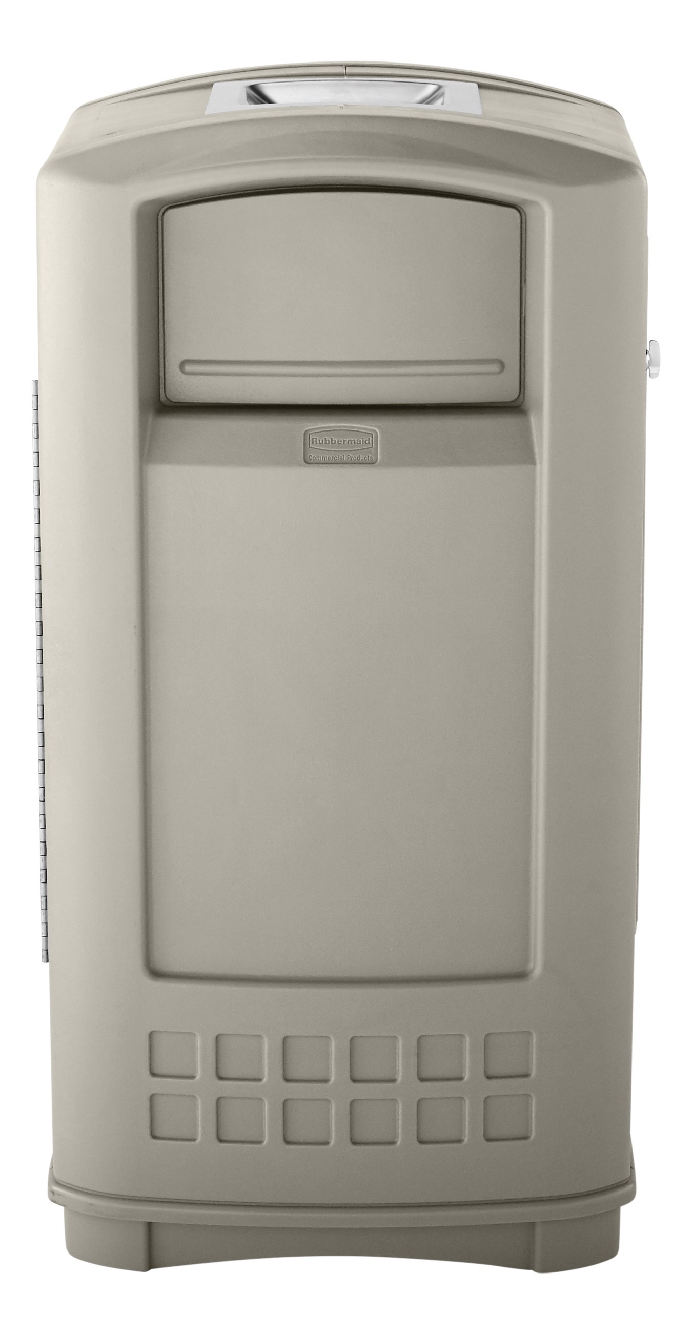 The Rubbermaid Commercial Plaza® Jr. Trash Can offers contemporary styling with a side-opening door for ergonomic waste emptying.