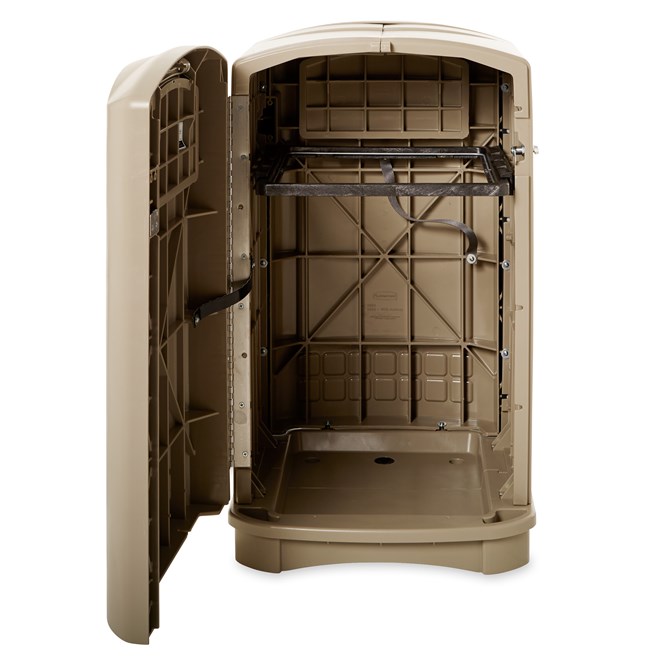 The Rubbermaid Commercial Plaza® Trash Can offers contemporary styling with a side-opening door for ergonomic waste emptying.