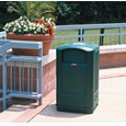 The Rubbermaid Commercial Plaza® Trash Can offers contemporary styling with a side-opening door for ergonomic waste emptying.