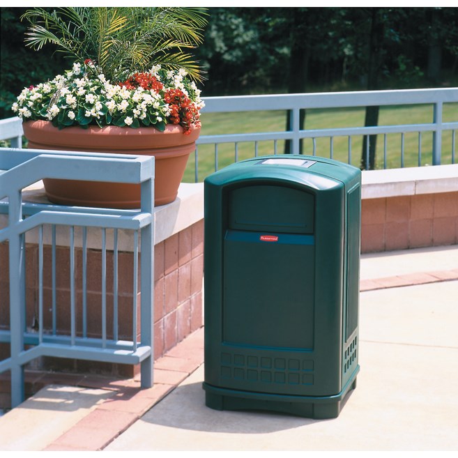 The Rubbermaid Commercial Plaza® Trash Can offers contemporary styling with a side-opening door for ergonomic waste emptying.