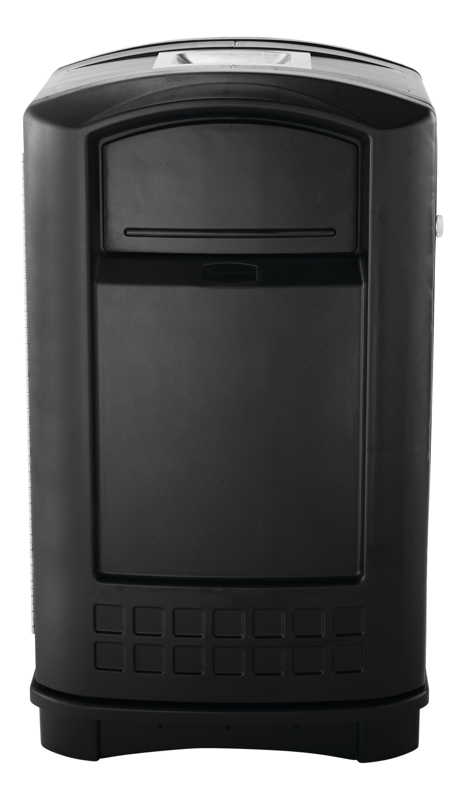 The Rubbermaid Commercial Plaza® Trash Can offers contemporary styling with a side-opening door for ergonomic waste emptying.