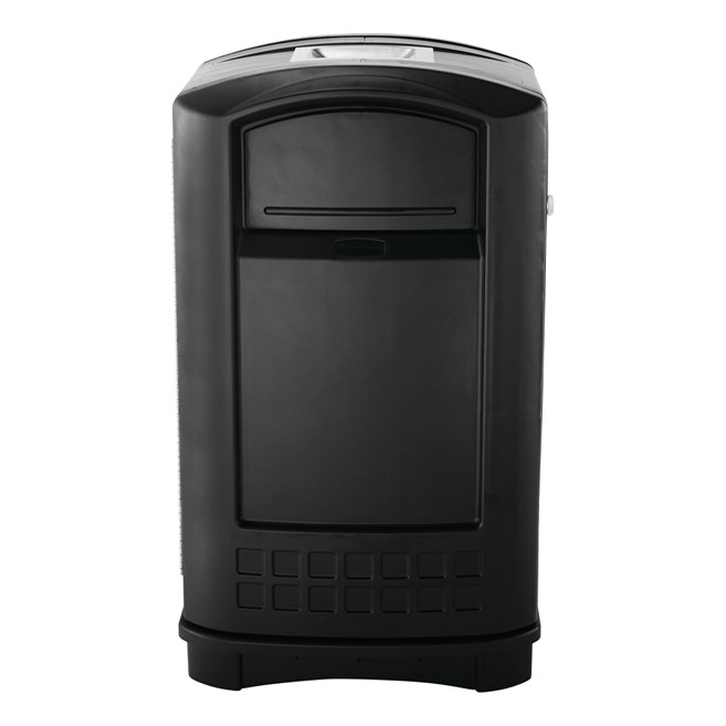 The Rubbermaid Commercial Plaza® Trash Can offers contemporary styling with a side-opening door for ergonomic waste emptying.