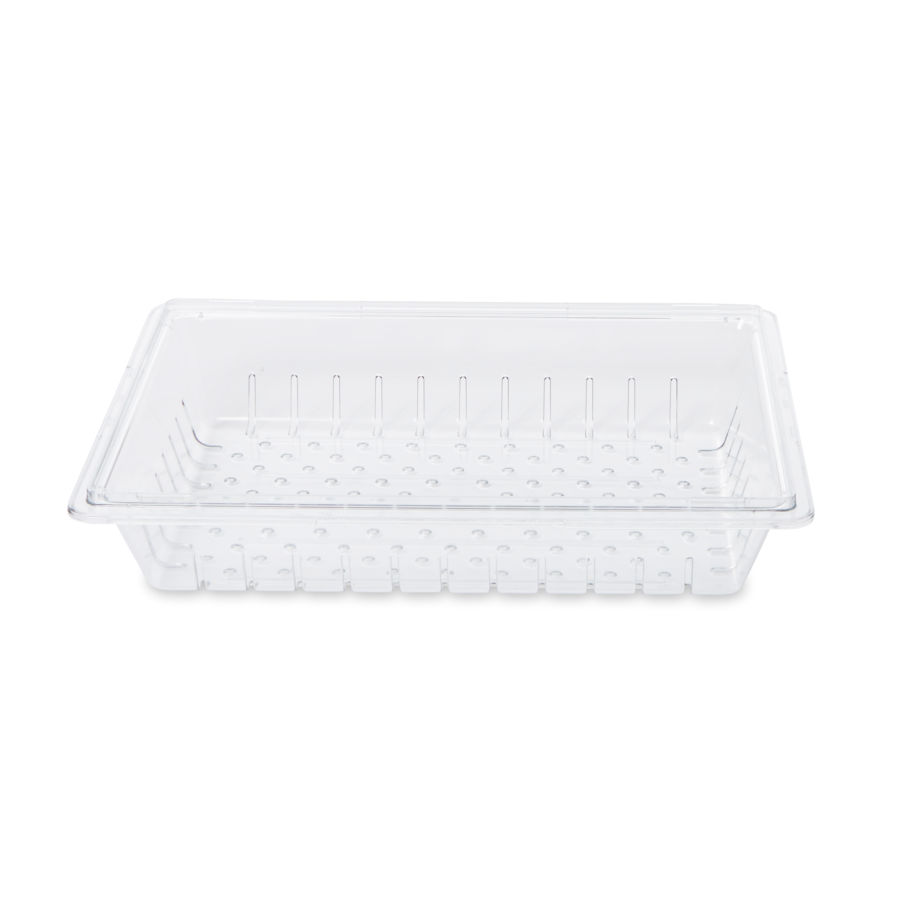 The Rubbermaid Commercial Colander/Drain Tray/Tote Box is a clear, break-resistant drain tray for thawing foods or marinating foods.