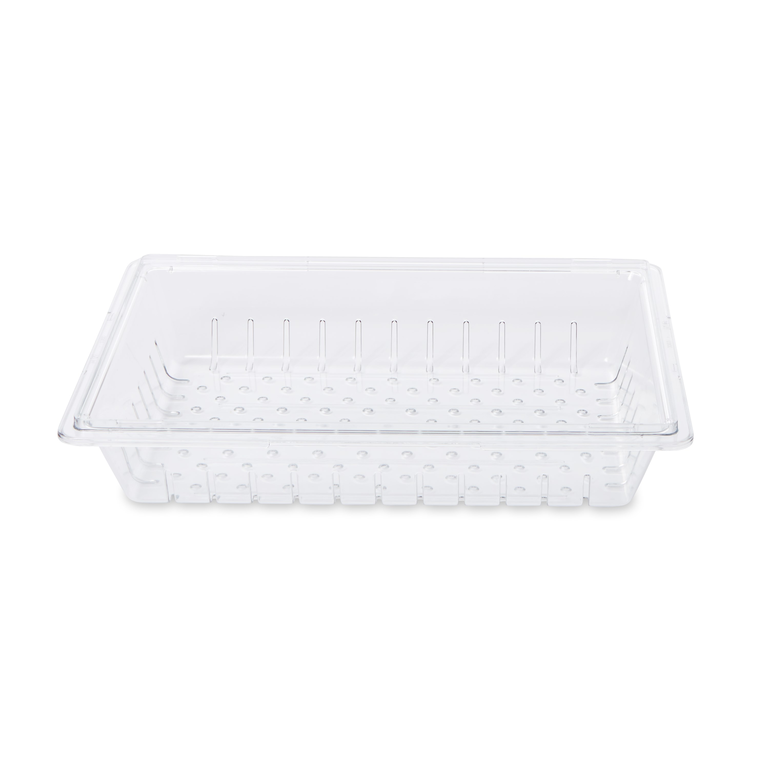The Rubbermaid Commercial Colander/Drain Tray/Tote Box is a clear, break-resistant drain tray for thawing foods or marinating foods.