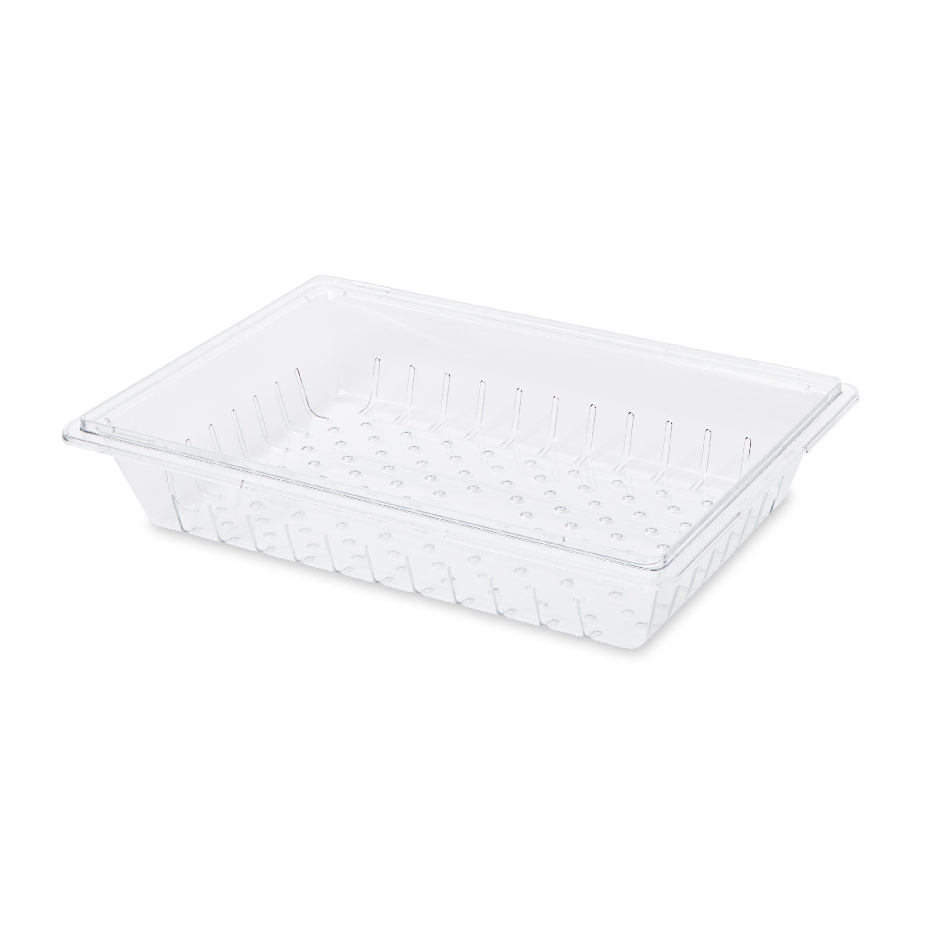 The Rubbermaid Commercial Colander/Drain Tray/Tote Box is a clear, break-resistant drain tray for thawing foods or marinating foods.