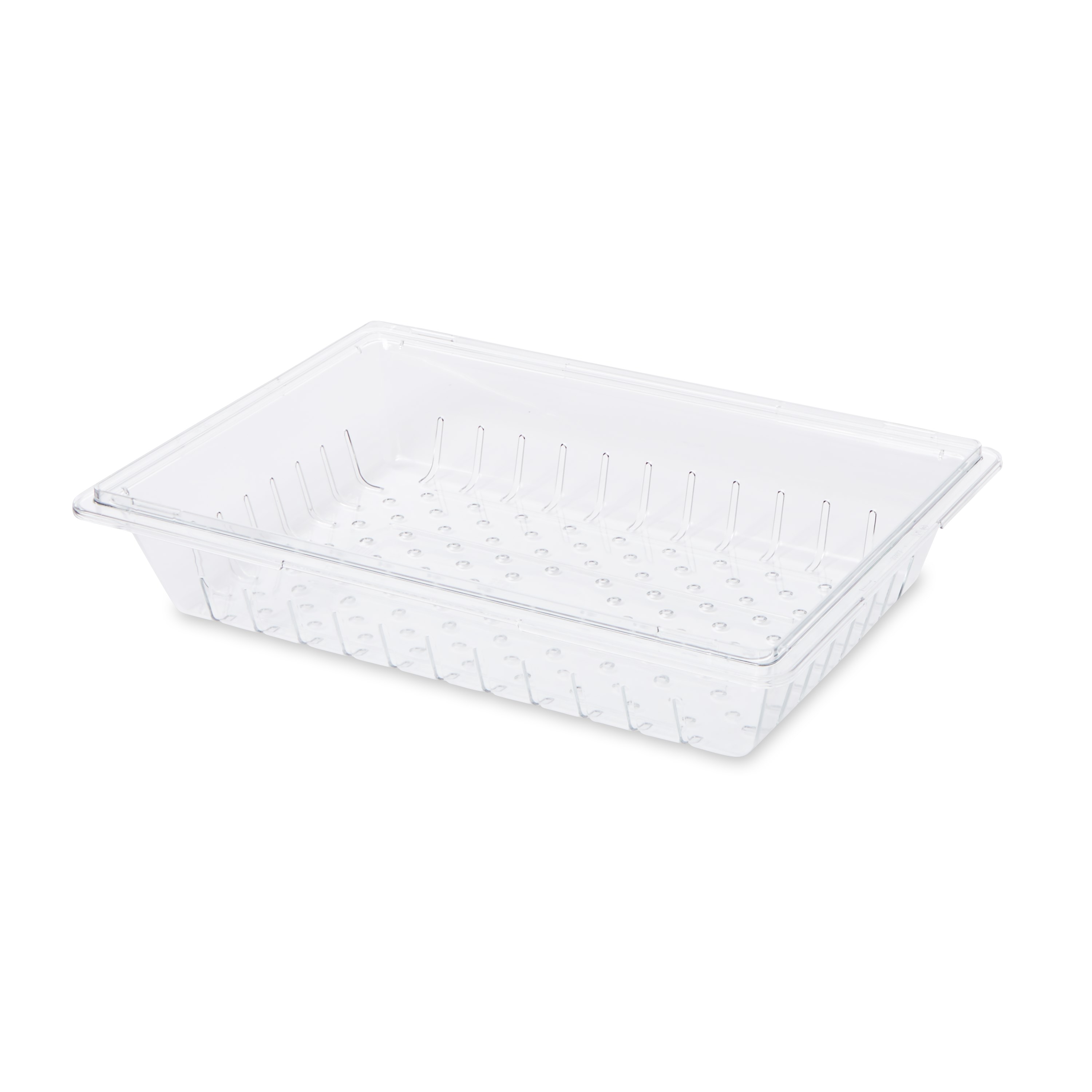The Rubbermaid Commercial Colander/Drain Tray/Tote Box is a clear, break-resistant drain tray for thawing foods or marinating foods.