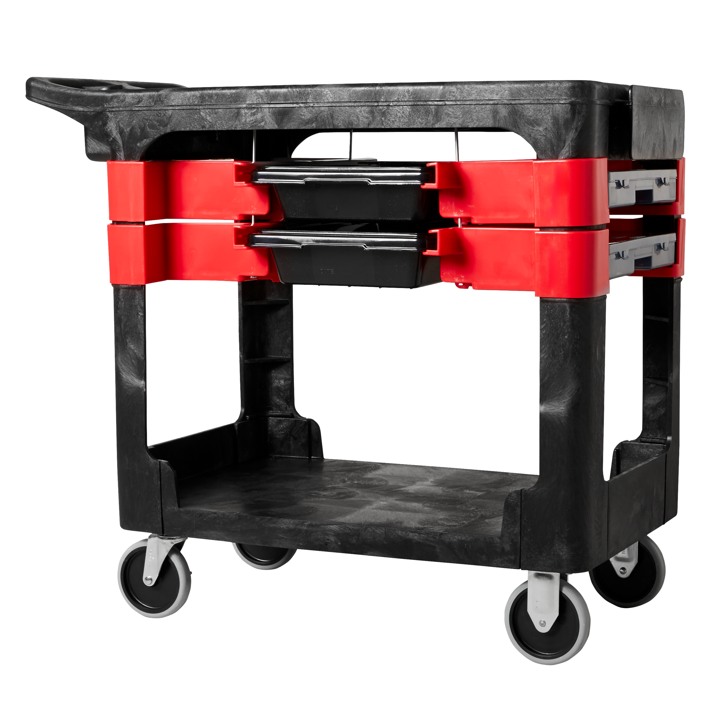 The Rubbermaid Commercial Utility Cart moves productivity right to the work site with a total tool storage and mobile workbench system.