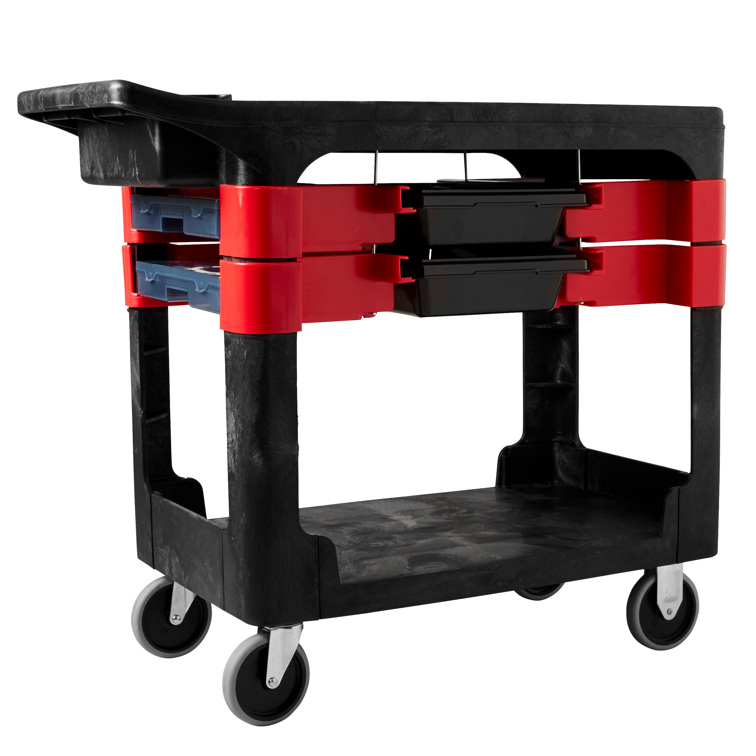 The Rubbermaid Commercial Utility Cart moves productivity right to the work site with a total tool storage and mobile workbench system.