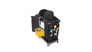 The Executive Compact Housekeeping Cart is a complete system solution for housekeeping. Adjustable storage options easily accommodate specific cleaning supply needs and provide flexibility.