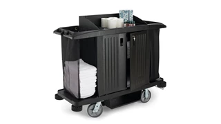 The Executive Full-Size Housekeeping Cart with Doors is a complete system solution for housekeeping with optional double bag collection and adjustable shelves.