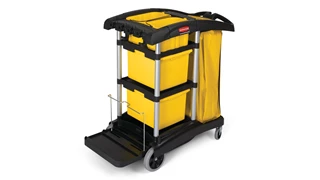 The High-Capacity Janitorial Cleaning Cart with Bins is a flexible, high-capacity cart that is a storage solution and tool organizer, making it efficient to collect waste and transport cleaning equipment.