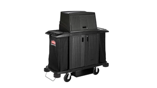 The Executive Full-Size Housekeeping Cart with Hood and Doors is a complete system solution for housekeeping with optional double bag collection and adjustable shelves.