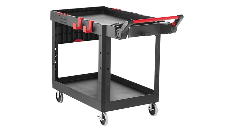 The Heavy Duty Adaptable Cart from Rubbermaid Commercial provides superior versatility for tackling whatever task is at hand.  It reduces the need for time-consuming user modifications with a variety of integrated features including: an ergonomic adjustable handle with four positions for maximum comfort, a flip-up shelf, locking castors, and numerous storage features designed to help organise tools and small parts.