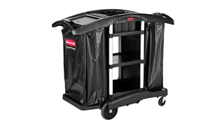 The Rubbermaid Commercial Executive Janitorial Cleaning Cart with two 34-gallon High-Capacity Vinyl Bags, 30-qt. bins, and 10-qt. caddies provides multi-stream collection and discreet organization.