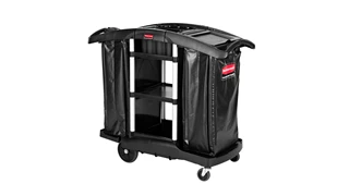 The Rubbermaid Commercial Executive Janitorial Cleaning Cart with two 34-gallon High-Capacity Vinyl Bags, 30-qt. bins, and 10-qt. caddies provides multi-stream collection and discreet organization.