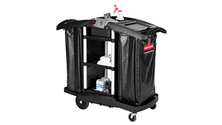 The Rubbermaid Commercial Executive Janitorial Cleaning Cart with two 34-gallon High-Capacity Vinyl Bags, 30-qt. bins, and 10-qt. caddies provides multi-stream collection and discreet organization.