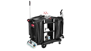 The Rubbermaid Commercial Executive Janitorial Cleaning Cart with two 34-gallon High-Capacity Vinyl Bags, 30-qt. bins, and 10-qt. caddies provides multi-stream collection and discreet organization.