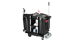 The Rubbermaid Commercial Executive Janitorial Cleaning Cart with two 34-gallon High-Capacity Vinyl Bags, 30-qt. bins, and 10-qt. caddies provides multi-stream collection and discreet organization.