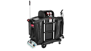 The Rubbermaid Commercial Executive Janitorial Cleaning Cart with two 34-gallon High-Capacity Vinyl Bags, 30-qt. bins, and 10-qt. caddies provides multi-stream collection and discreet organization.