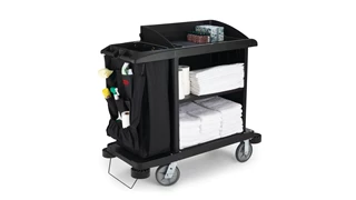 The Executive Compact Housekeeping Cart is a complete system solution for housekeeping. Adjustable storage options easily accommodate specific cleaning supply needs and provide flexibility.