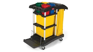 The High-Capacity Janitorial Cleaning Cart with Bins is a flexible storage solution and tool organizer that makes it efficient to collect waste and transport cleaning equipment.